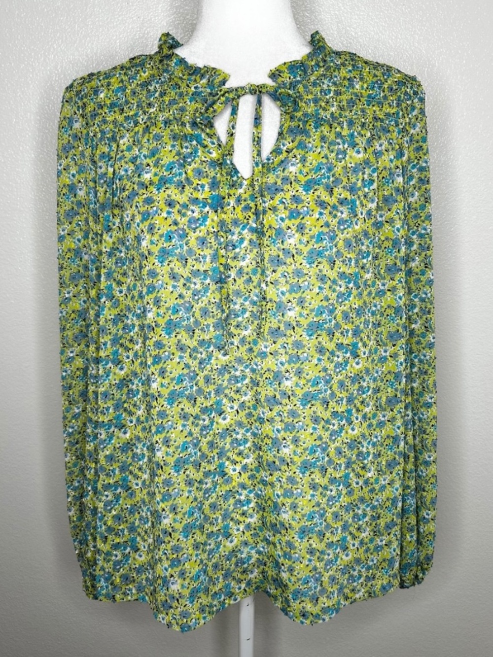 Rachel Zoe Womens Green Floral Tie-Neck Long Sleeve Top Blouse Size L EUC